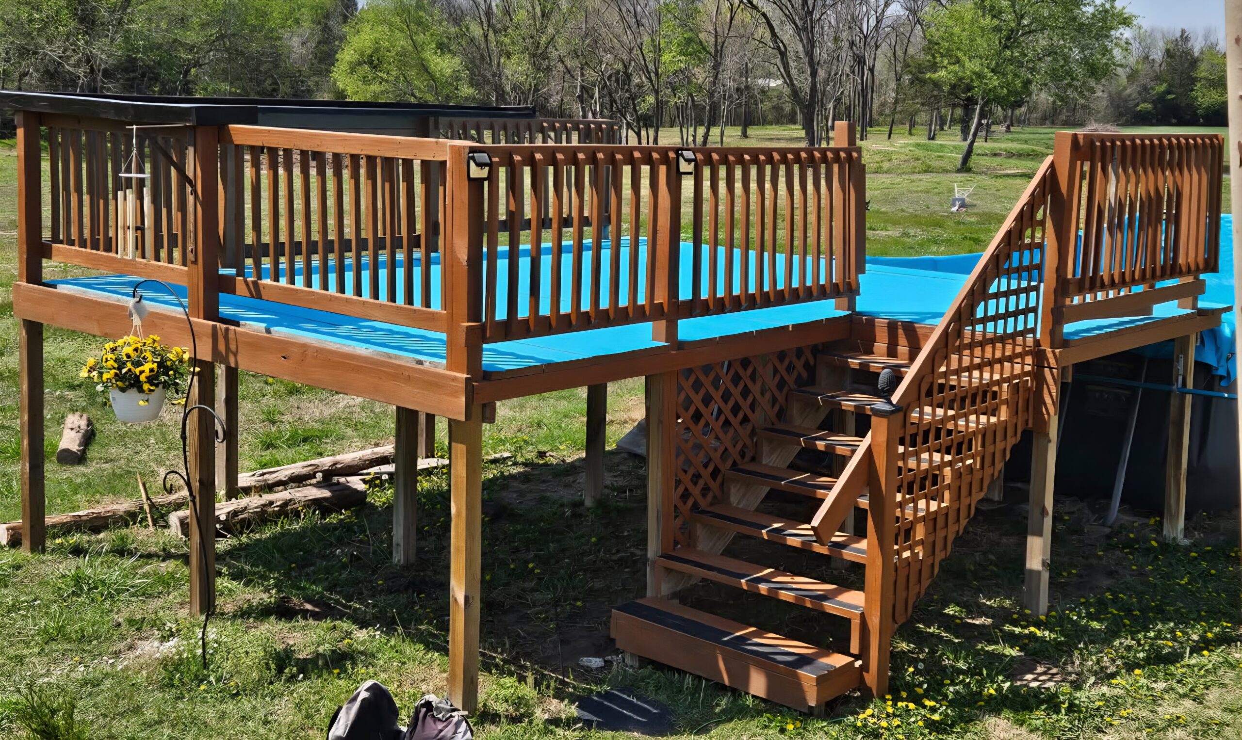 Elevated Pool Deck with Integrated Stairs and Bar Top